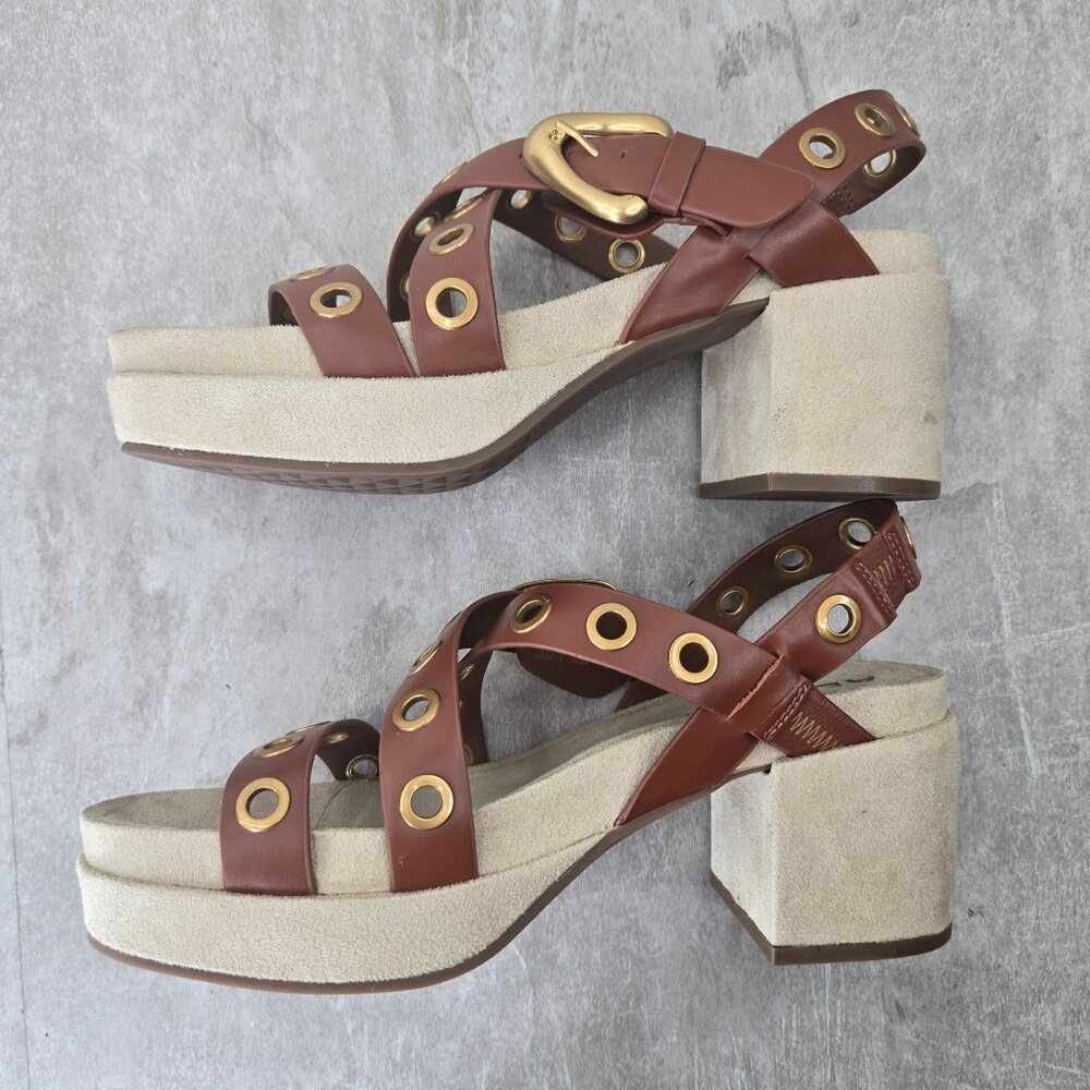 Aerosoles Chunky Platform Sandals 10 Brown Leather Grommet Retro Block Heel - Picture 6 of 11